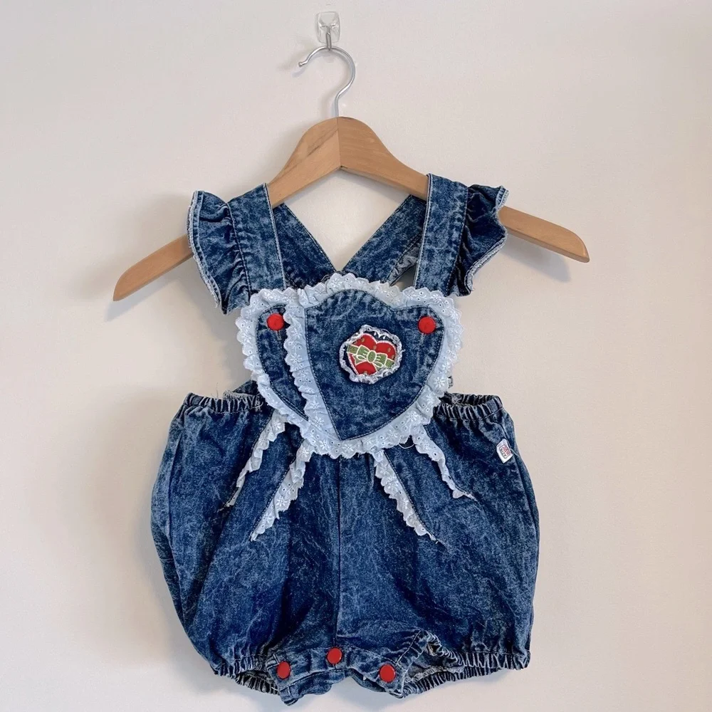 Vintage Great Flamingos embroidered strawberry denim shortalls 🖤 - Picture 10 of 10